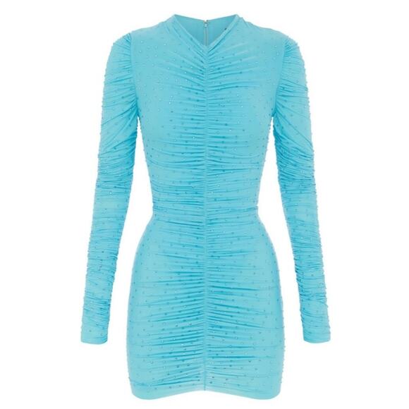 Alex Perry Crystal Embellished Ruched Jersey Long Sleeve Blue Mini Dress Sz 4 - Picture 6 of 15